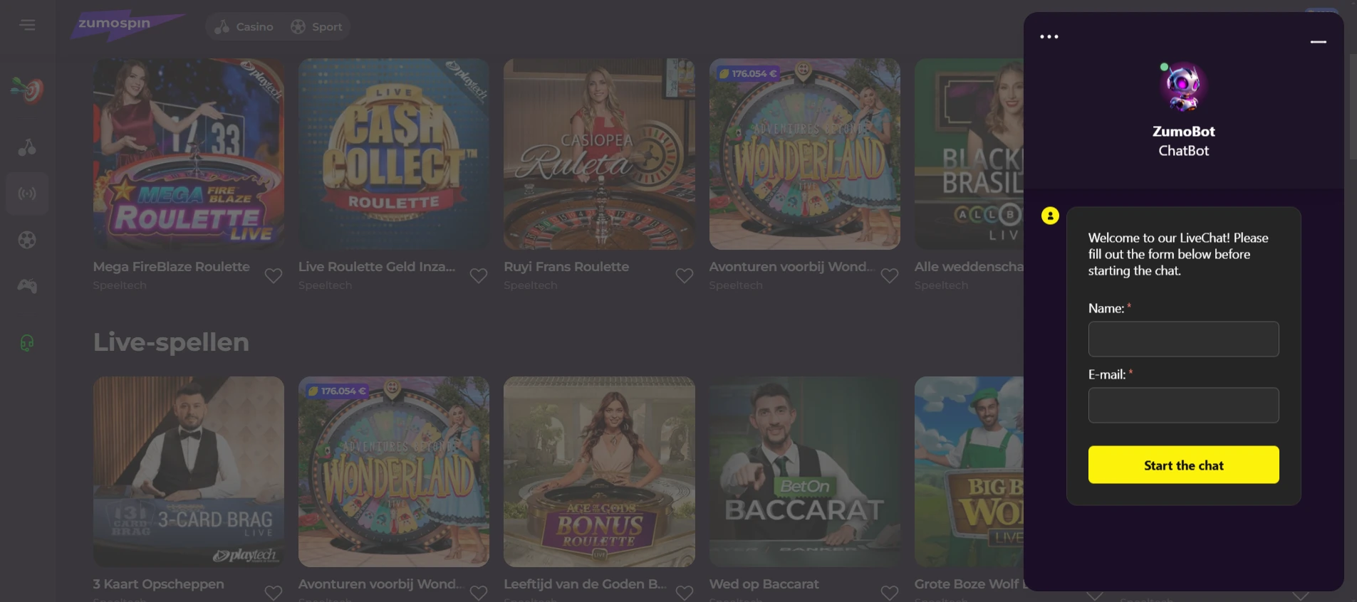 Zumospin Casino snelle hulp via live chat